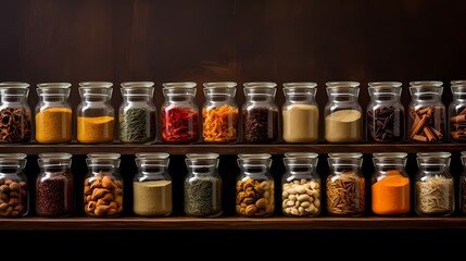 A collection of various spices arranged in glass jars.