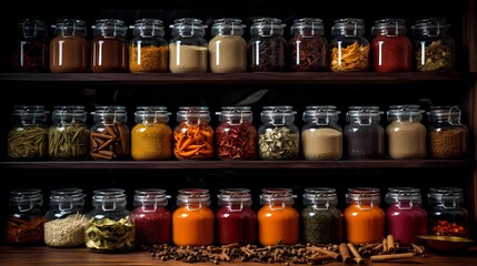 A collection of various spices arranged in glass jars.