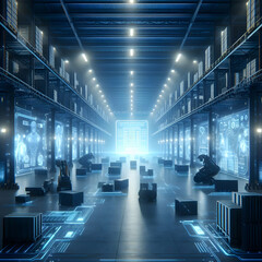 An empty warehouse in a logistic center with a futuristic and sci-fi style. The warehouse is filled with metal crates, robots, and holograms. The lighting is dim and blue. Illustration, Ai generated 