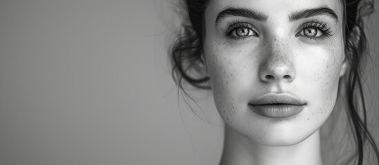 A stark black and white portrait captures the features of a womans face, highlighting her expressions and details like eyes, nose, and mouth with striking clarity and contrast.