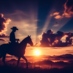 A lone cowboy rides against a breathtaking sunset backdrop, silhouetted by the radiant beams piercing through clouds. The scene captures the timeless essence of the wild west and the solitude of