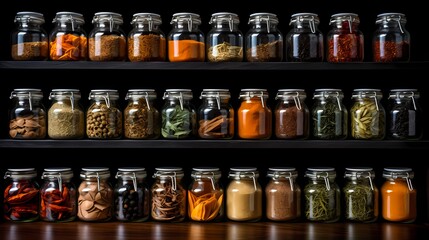 A collection of various spices arranged in glass jars.