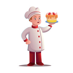 Cartoon character chef with a cake. Vector illustration. 