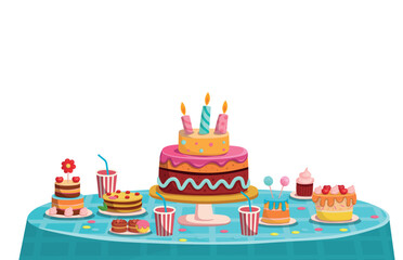 Children's birthday. Festive table with cake and sweets. Happy birthday illustration in cartoon style