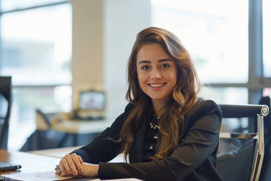 Elegant Executive Presence: A Smartly Dressed White Businesswoman, Symbolizing Corporate Professionalism, Focused on Delivering Excellence in Her Office Workspace