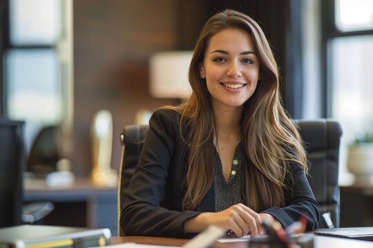 Elegant Executive Presence: A Smartly Dressed White Businesswoman, Symbolizing Corporate Professionalism, Focused on Delivering Excellence in Her Office Workspace