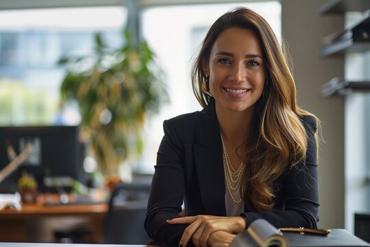 Elegant Executive Presence: A Smartly Dressed White Businesswoman, Symbolizing Corporate Professionalism, Focused on Delivering Excellence in Her Office Workspace