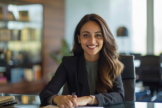Exemplifying Professionalism: A Smartly Dressed White Female Businesswoman Dedicatedly Engaged in Office Work, Seated Comfortably at Her Desk