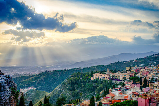 Toarmina view sunset Sicily Italy