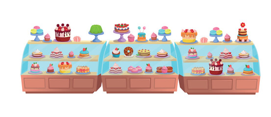 Refrigerator with cakes. Confectionery. Pastry shop interior inside. Cafe or Candy store. Cakes and pastries are on the shelves. Set of holiday cakes and pastries. Happy birthday.Сartoon
