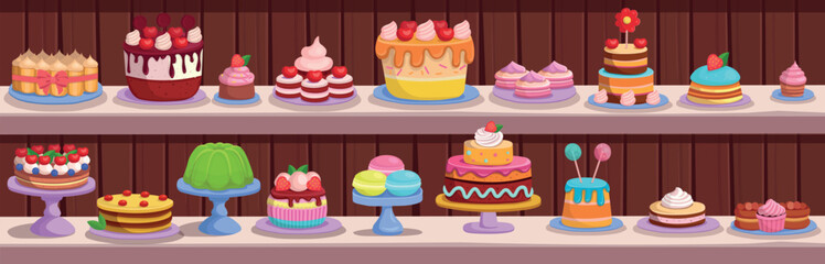 Candy store. Pastry and cake shop. cakes and pastries are on the shelves. Set of holiday cakes and pastries.