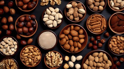 A composition of various nuts in their shells, suitable for nutrition and healthy living concepts.