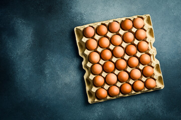 Top view, chicken eggs in a paper tray. On a gray concrete background.