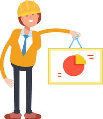 Woman Engineer Character Holding Pie Chart Signage
