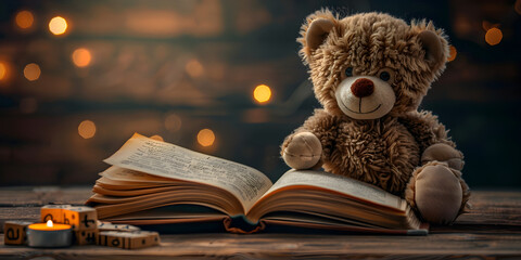A teddy bear sits on table and reading a book. - obrazy, fototapety, plakaty