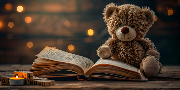A teddy bear sits on table and reading a book.