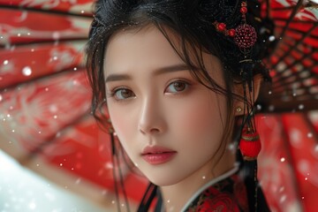 close-up portrays a Taiwanese girl adorned in traditional local festival attire, her image enhanced with a highly commercial retouch, evoking a fairytale-like aura.