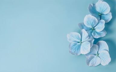 Blue flowers and leaves on blue surface, isolated on background, design template, space for text, banner, greeting card, poster, minimalistic, wedding, march, mothers day