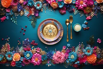 Overhead shot of a festive setting, adorned with intricate decorations and vibrant colors, offering a picturesque background with copy space.