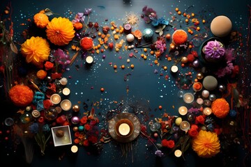 Overhead shot of a festively adorned space, featuring a symphony of colors and textures, creating an ideal background with space for text.