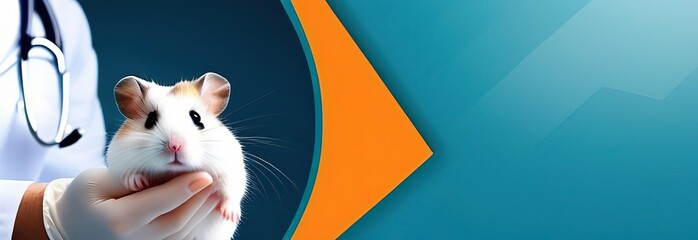 veterinary banner with Djungarian hamster, tangerine color on hands veterinarian doctor in veterinary clinic , copyspace 