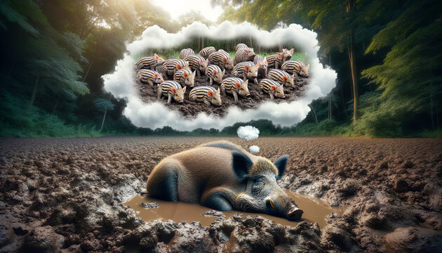 A wild boar is blissfully asleep in a muddy forest clearing, dreaming of a playful group of striped piglets on a cloud above, in a scene that evokes a whimsical, serene mood, AI-generated.