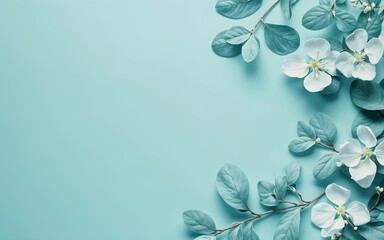 Fototapeta premium White flowers and leaves on blue surface, isolated on background, design template, space for text, banner, greeting card, poster, minimalistic, wedding, march, mothers day