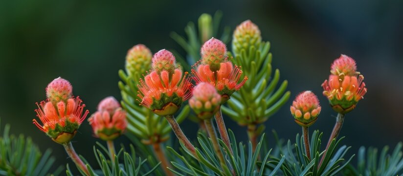 A detailed view of a Red Silky Oak plant, also known as Banks Grevillea, showcasing its vibrant orange flowers in full bloom. The intricate and striking form of the Grevillea banksii, a member of the