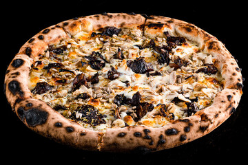 Italian food pizza with mushrooms, onions, cheese, sunflower seeds and spices isolated on black.