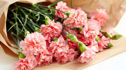Pink carnation flowers in a paper bag.