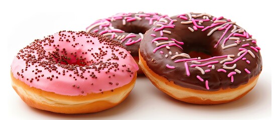Three donuts with pink frosting and chocolate sprinkles are displayed on a white background. The sugary treats look delicious and tempting, ready to be enjoyed.
