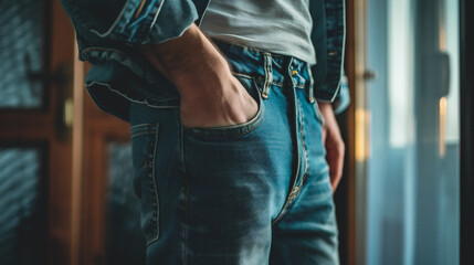 Men's jeans. Close-up of a man's hand in a jeans pocket. - obrazy, fototapety, plakaty