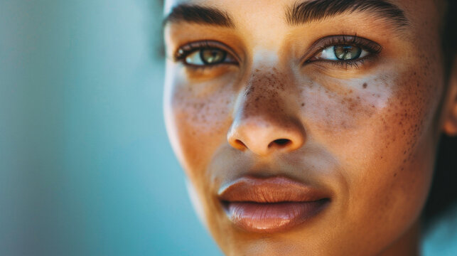Close-up portrait of a beautiful young dark-skinned girl with freckles on her face.