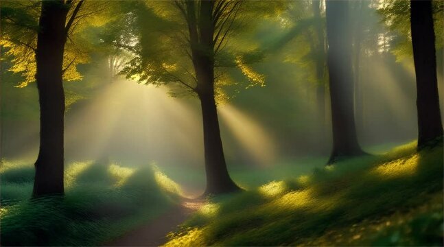 Forest Morning Serenity: Sunlight peeks through misty trees, painting the landscape with soft green hues on an autumn morning