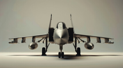 Fototapeta premium A silver fighter jet is parked on the runway