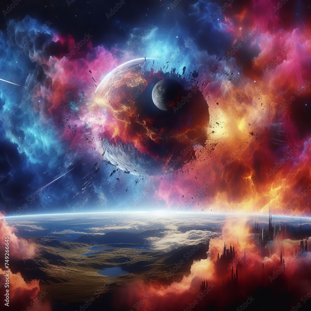 Poster a stunning cosmic event unfolds with a planet engulfed in a celestial explosion. the vibrant collisi