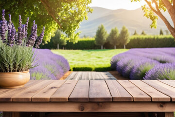 Empty wooden table for product display with lavender garden background