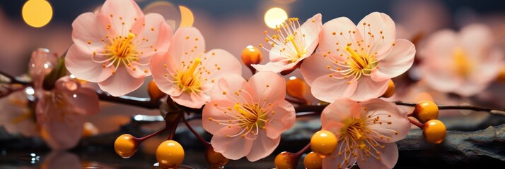 Beautiful Flowering Japanese Cherry Sakura, with lights, light black and yellow, Background HD, Illustrations