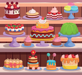 Candy store. Pastry and cake shop. cakes and pastries are on the shelves. Set of holiday cakes and pastries.