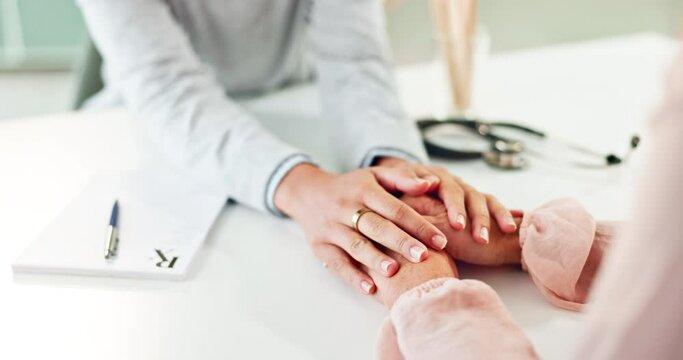 Doctor, consultation and healthcare with hands and support with stethoscope. Person, empathy and wellness with patient, medicine and life insurance with cardiology results and senior care or kindness