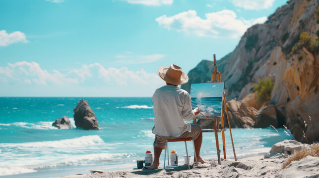 An artist sits on a sandy beach painting a seascape on a canvas, with lush blue waters, rocky formations, and a clear sky in the background, evoking a sense of tranquility and creativity.