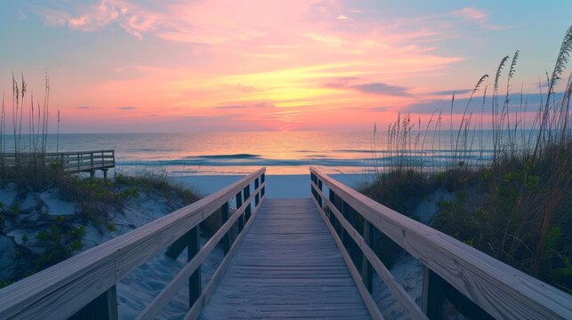 Long boardwalk leading to white sand beach and ocean water at sunset