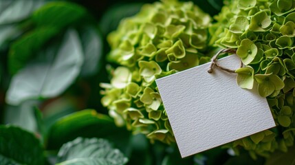 Photo of green hydrangea flowers with a blank white tag for your text, close-up frame, template for holiday greetings