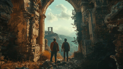 Two individuals are walking towards a ruined archway with a view of an ancient tower in the distance.