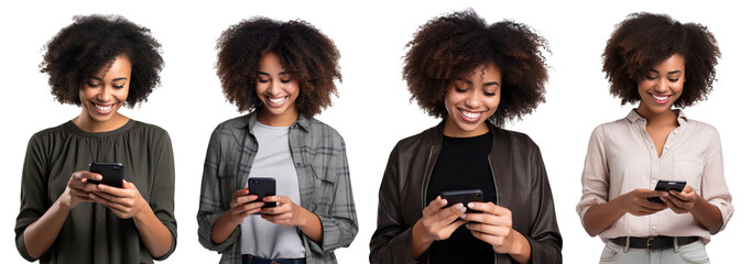 Set of happy African American young women using cell phones, cut out