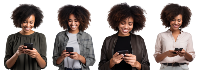 Set of happy African American young women using cell phones, cut out