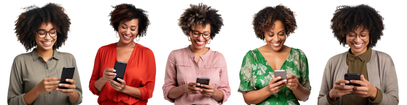 Happy African American women using cell phones, cut out