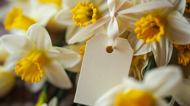Close-up photo of flowers, yellow daffodils with a blank ivory tag, place for your text, close-up frame, template for holiday greetings