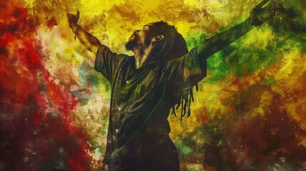 Portrait of African American man with dreadlocks standing with arms raised on reggae background.