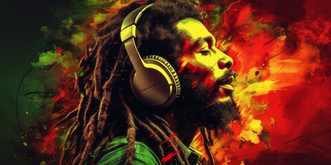 Portrait of african american person with dreadlocks wearing headphone on reggae background.